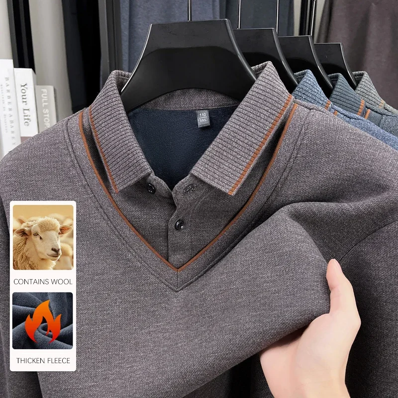 BROWON 2025 Men's Winter Polo Shirt Warm Thick Fleece Long Sleeve Lapel Collar Mid-aged Fake Two-Piece T-Shirt for Men - Image 3