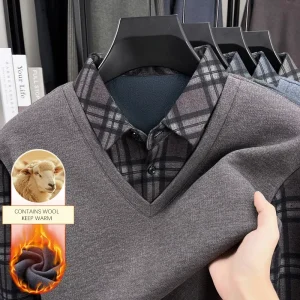 BROWON 2025 Men's Plaid Fleece Warm Fake 2 Piece T-Shirt Casual Winter Business Office Top with Collar Dad Clothes