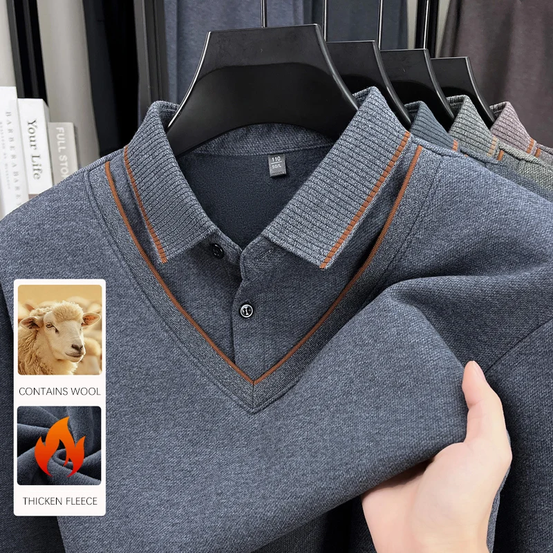 BROWON 2025 Men's Winter Polo Shirt Warm Thick Fleece Long Sleeve Lapel Collar Mid-aged Fake Two-Piece T-Shirt for Men - Image 2