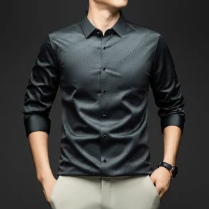 BROWON Elegant Men Shirt 2025 Spring Autumn Leter Print Long Sleeve Turn Down Collar Slim Fit Formal Dress Shirt Male Workwear