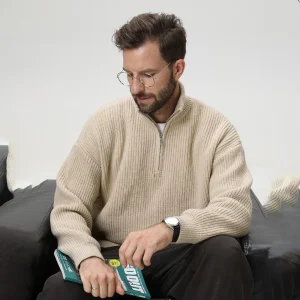 BROWON 2025 Mens Oversized Half Zip Stand Collar Sweater Solid Color Vertical Stripe Texture Knitwear Relaxed Fit Autumn Winter