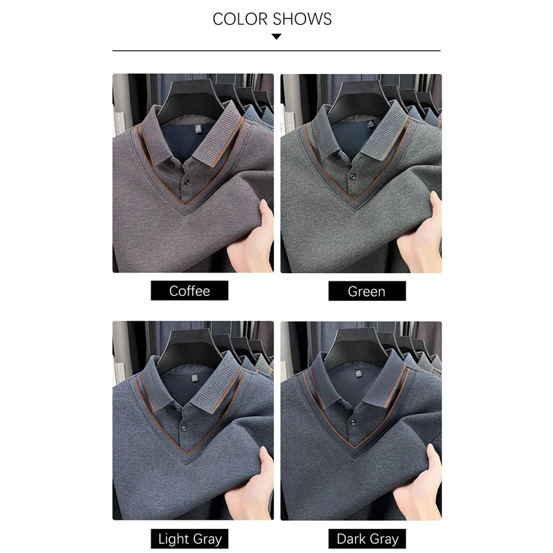 BROWON 2025 Men's Winter Polo Shirt Warm Thick Fleece Long Sleeve Lapel Collar Mid-aged Fake Two-Piece T-Shirt for Men - Image 6